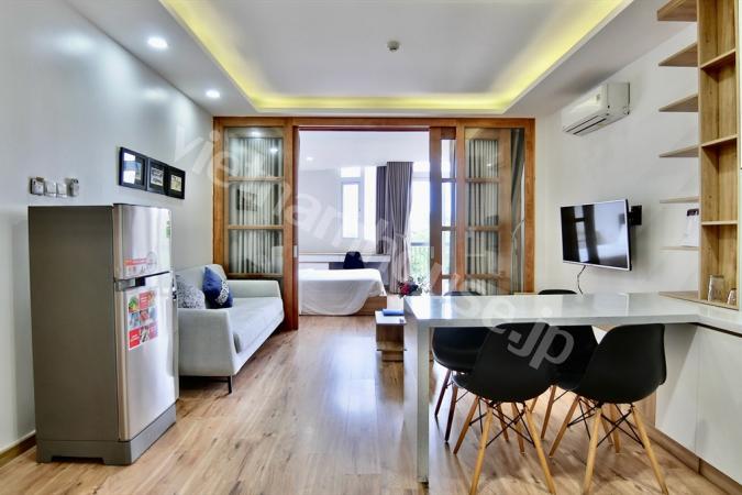 Cool balcony with joyful eye-catching furniture at serviced apartment